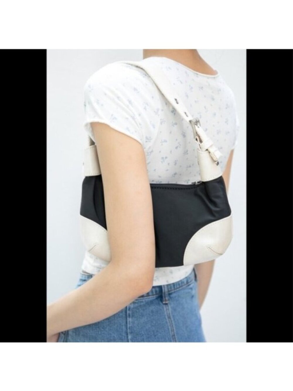Brandy Melville John Galt Black & White Mini Half Moon Canvas Shoulder Bag